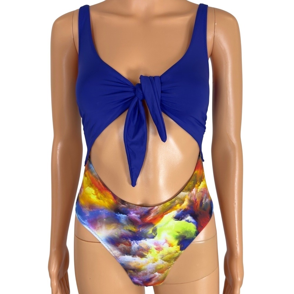 Zuiki Reversible One‎ Piece Swimsuit Blue Abstract Cloud Print Cutout Tie Front